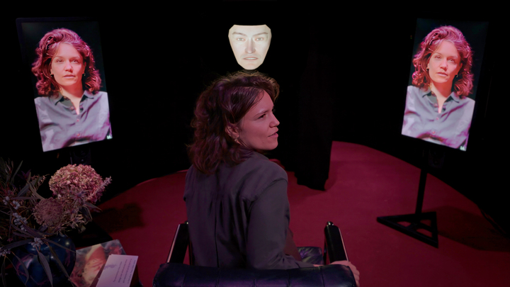 Prototype setup for the deepfake component of Friendly Fire at the Shrink, showing AI face manipulation interface